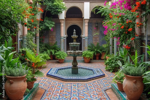 Moroccan-inspired courtyard garden with tiled fountain and lush plantings