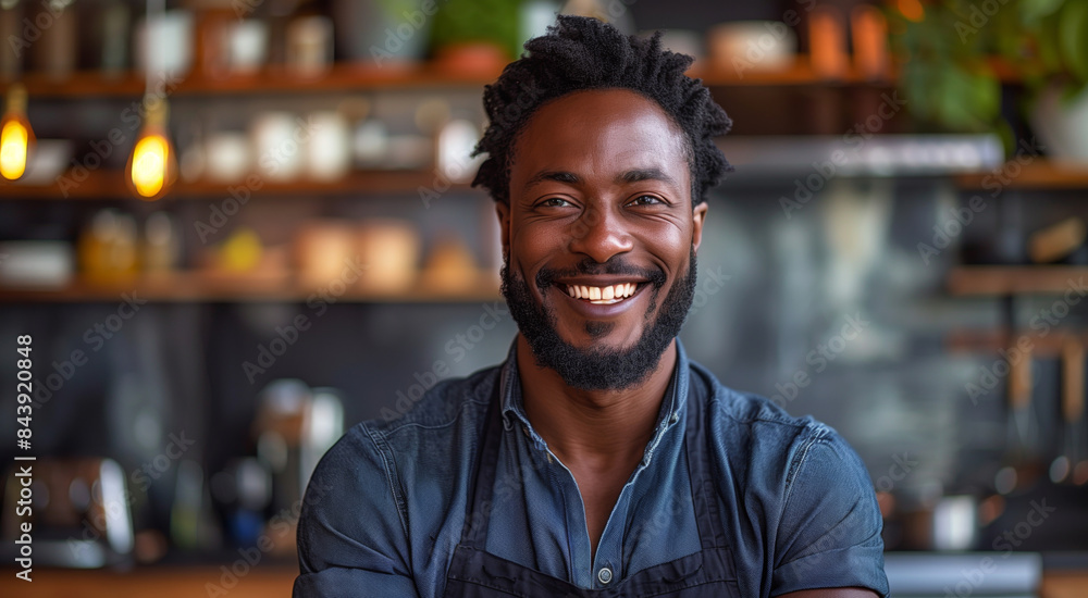 Smiling African American chef in a professional kitchen Smiling African American chef in a professional kitchen