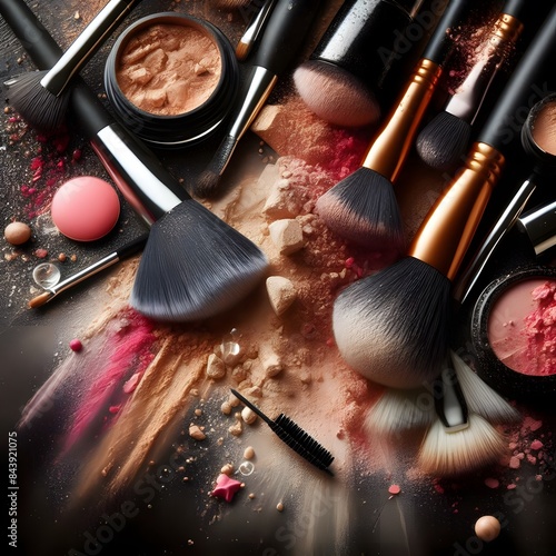 Make up cosmetic brushes with powder blush explosion on black background. Skin care or fashion