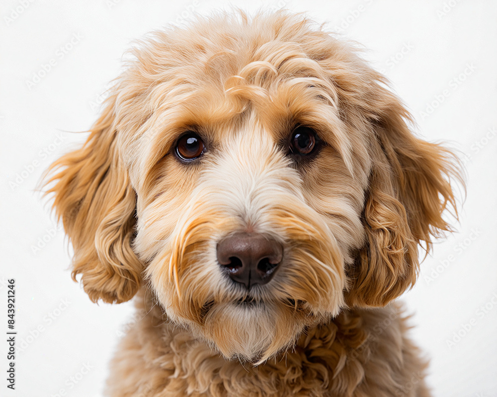 Fototapeta premium A portrait of a Golden Doodle with curly, apricot-colored fur. Its expressive, dark eyes and fluffy coat give it an adorable and friendly appearance