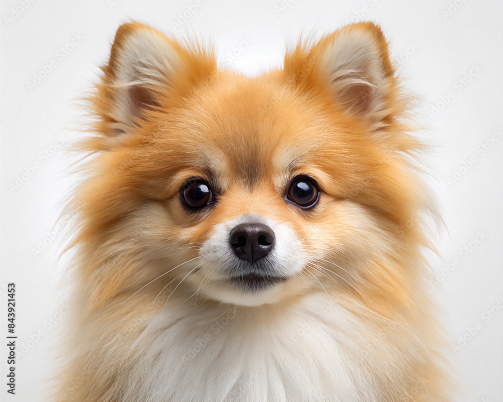 A portrait of a Pomeranian with a fluffy, golden coat and a fox-like face. Its large, expressive eyes and perky ears give it an endearing and lively look. A portrait of a Pomeranian with a fluffy, golden coat and a fox-like face. Its large, expressive eyes and perky ears give it an endearing and lively look.