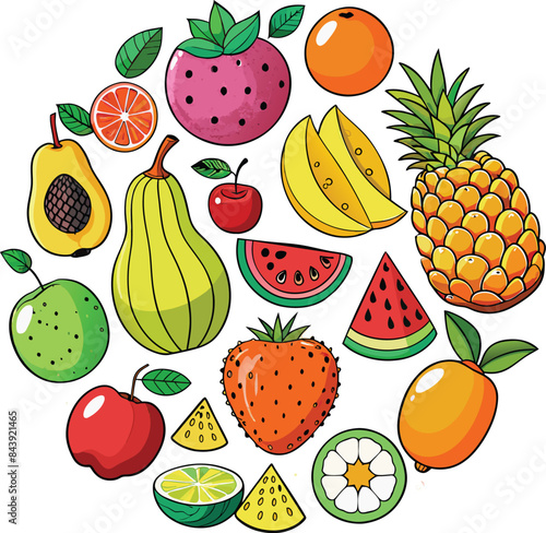 Fruit collection in flat hand drawn style illustrations. Tropical fruit and graphic design elements.