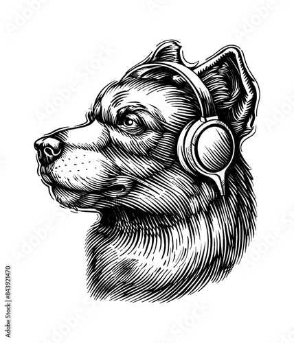 wolf, wears headphone with music engraving black and white outline