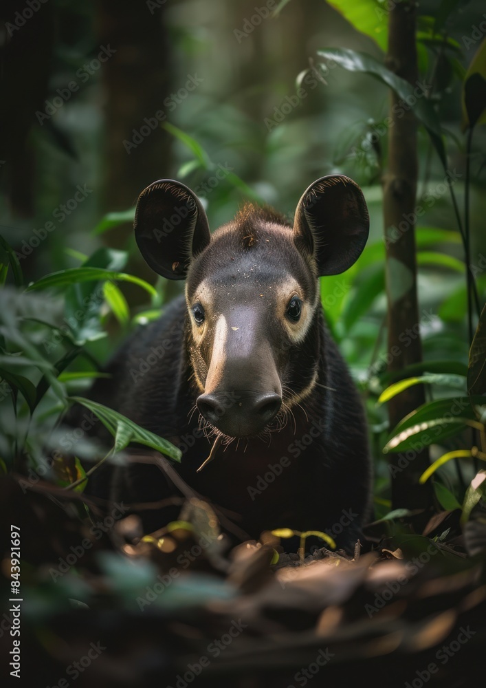 Malayan Mountain Tapir in the Wild - An intimate close-up shot of a Malayan Tapir in its natural habitat, highlighting its distinctive markings and alert expression. Malayan Mountain Tapir in the Wild - An intimate close-up shot of a Malayan Tapir in its natural habitat, highlighting its distinctive markings and alert expression.
