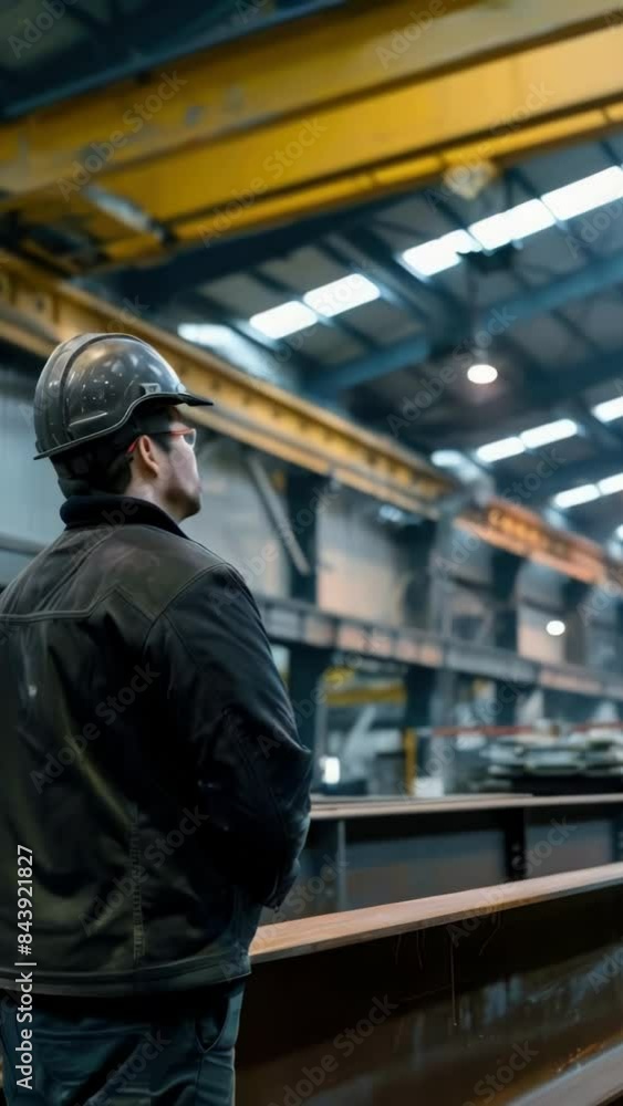 Man in black jacket and hard hat stands in factory Man in black jacket and hard hat stands in factory