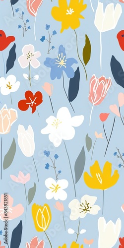 Whimsical Floral Pattern on Soft Blue Background for Home Decor Inspiration Generative AI