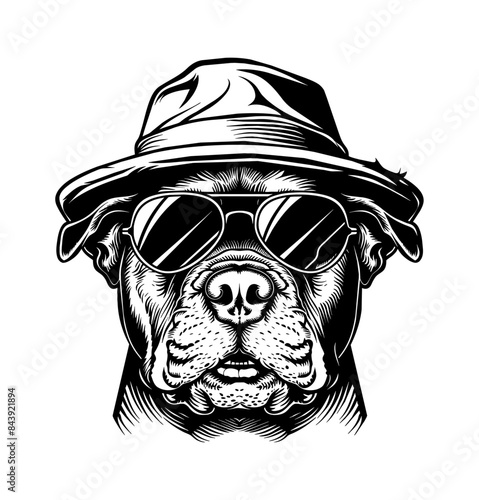 pitbull, wears retro mafia hat and sunglasses engraving black and white outline