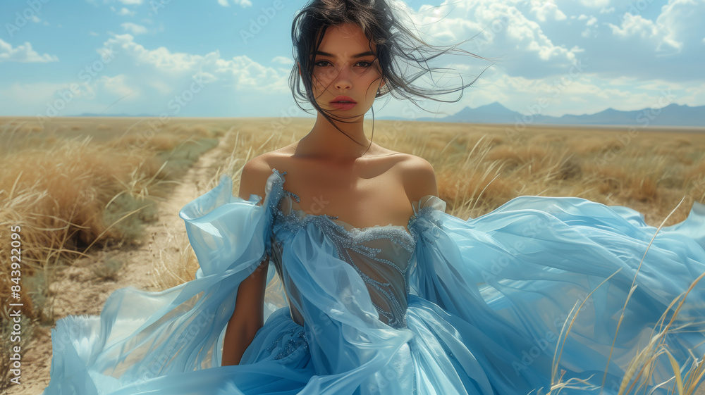 Young woman in a blue gown on a windy grassland Young woman in a blue gown on a windy grassland