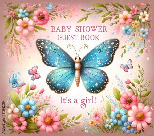 Whimsical butterfly baby shower guest book cover with vibrant flowers and Its a girl message