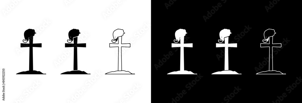 Grave of soldier. Cross and military helmet. Icon on a white and black background. Grave of soldier. Cross and military helmet. Icon on a white and black background.