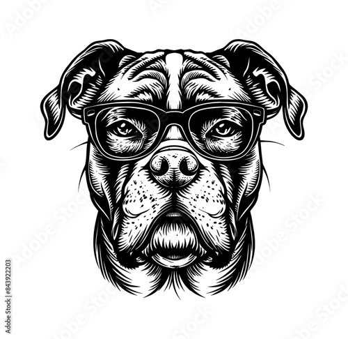 pitbull, wears black framed eyeglasses engraving black and white outline