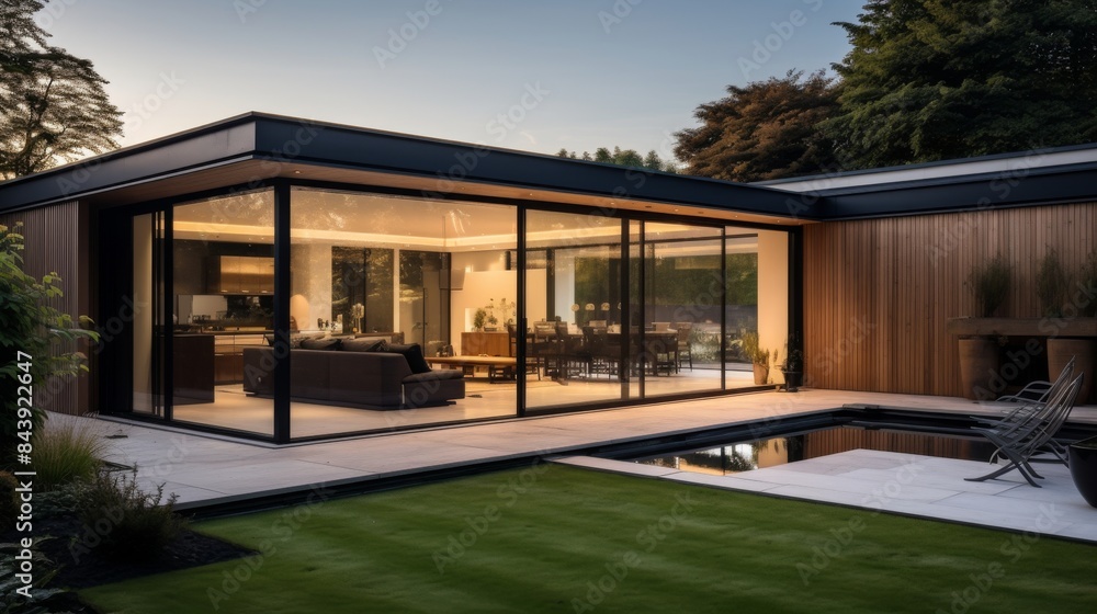 Luxurious Modern Home with Glass Walls Overlooking a Serene Pool at Dusk. Generative AI Luxurious Modern Home with Glass Walls Overlooking a Serene Pool at Dusk. Generative AI