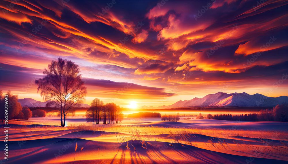 winter landscape at sunset, a snow-covered field against the backdrop of distant mountains and rare trees winter landscape at sunset, a snow-covered field against the backdrop of distant mountains and rare trees