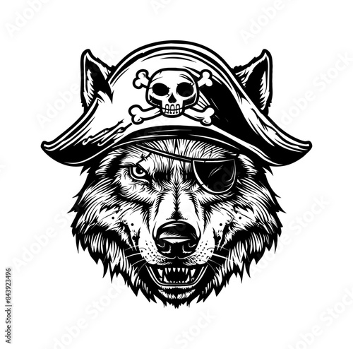 wolf, wears pirate hat engraving black and white outline