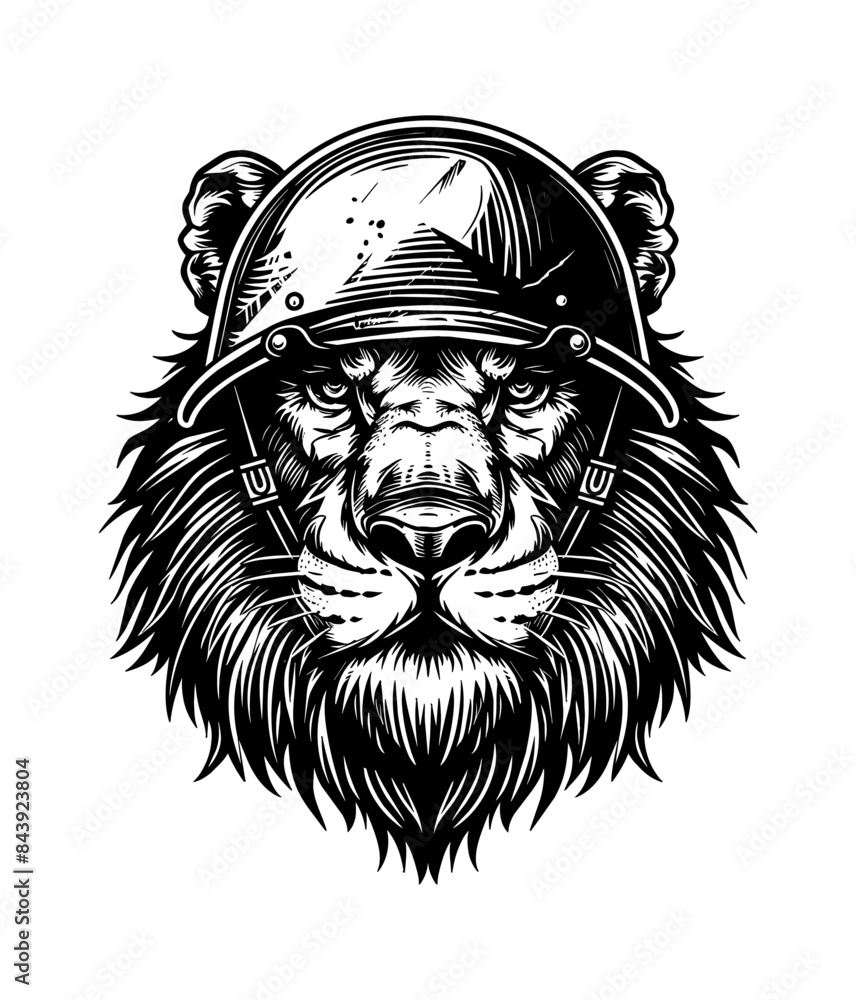 Obraz premium lion, wears retro soldier helmet engraving black and white outline