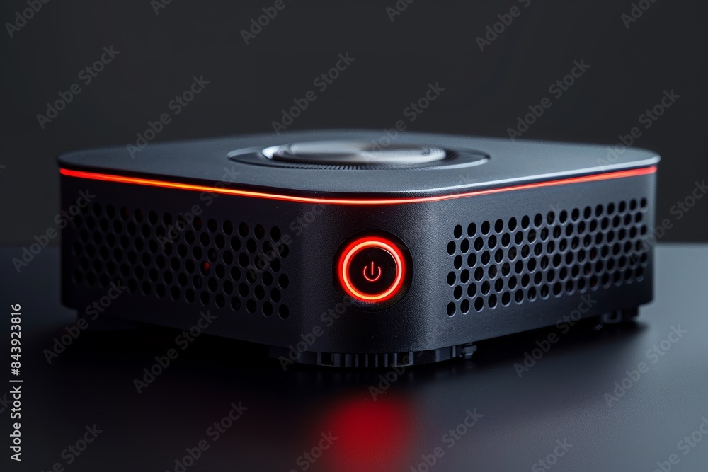 Fototapeta premium Black Mini PC With Red Power Button