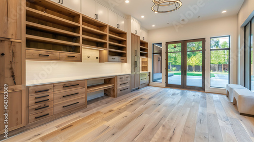 A spacious mudroom with custom cabinets and a bench, adjacent to a modern home office and a well-maintained driveway