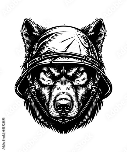 wolf, wears retro soldier helmet engraving black and white outline