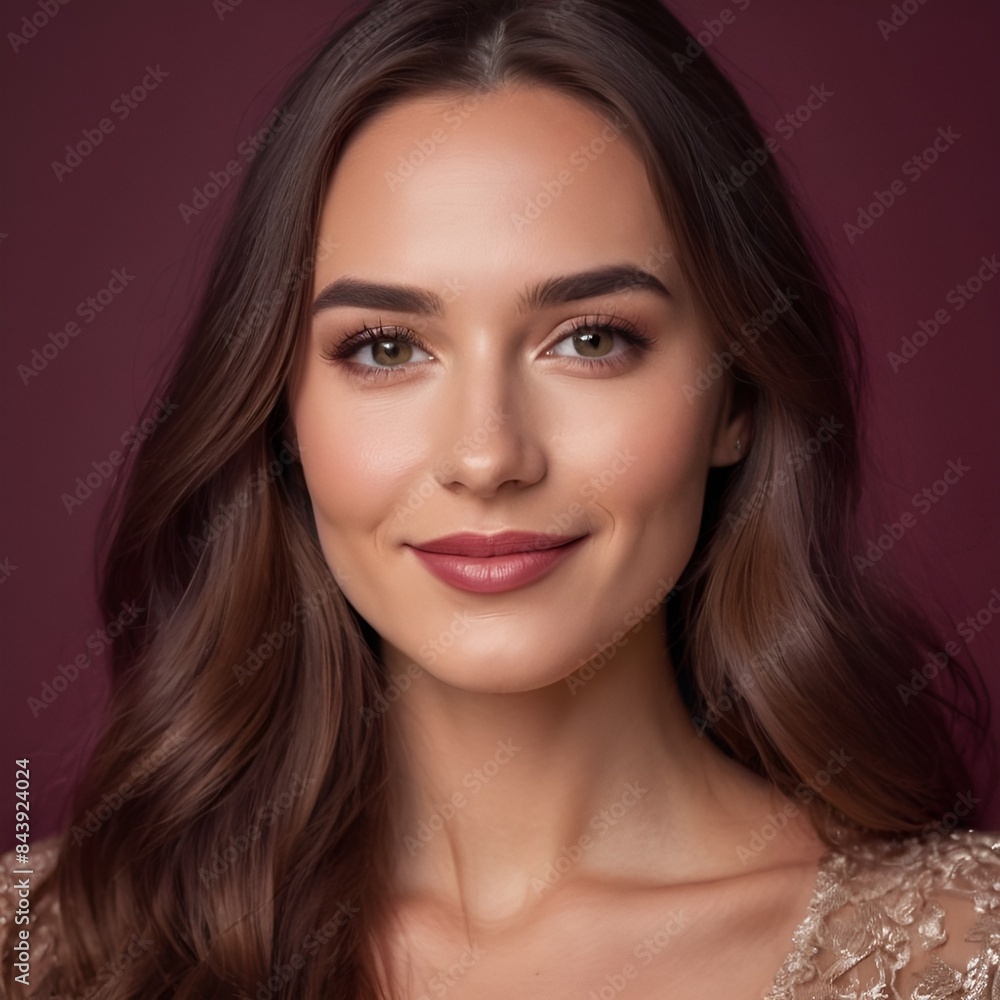 Pretty european beauty woman long hair with makeup glowing face and healthy facial skin portrait smile on isolated burgundy background Pretty european beauty woman long hair with makeup glowing face and healthy facial skin portrait smile on isolated burgundy background