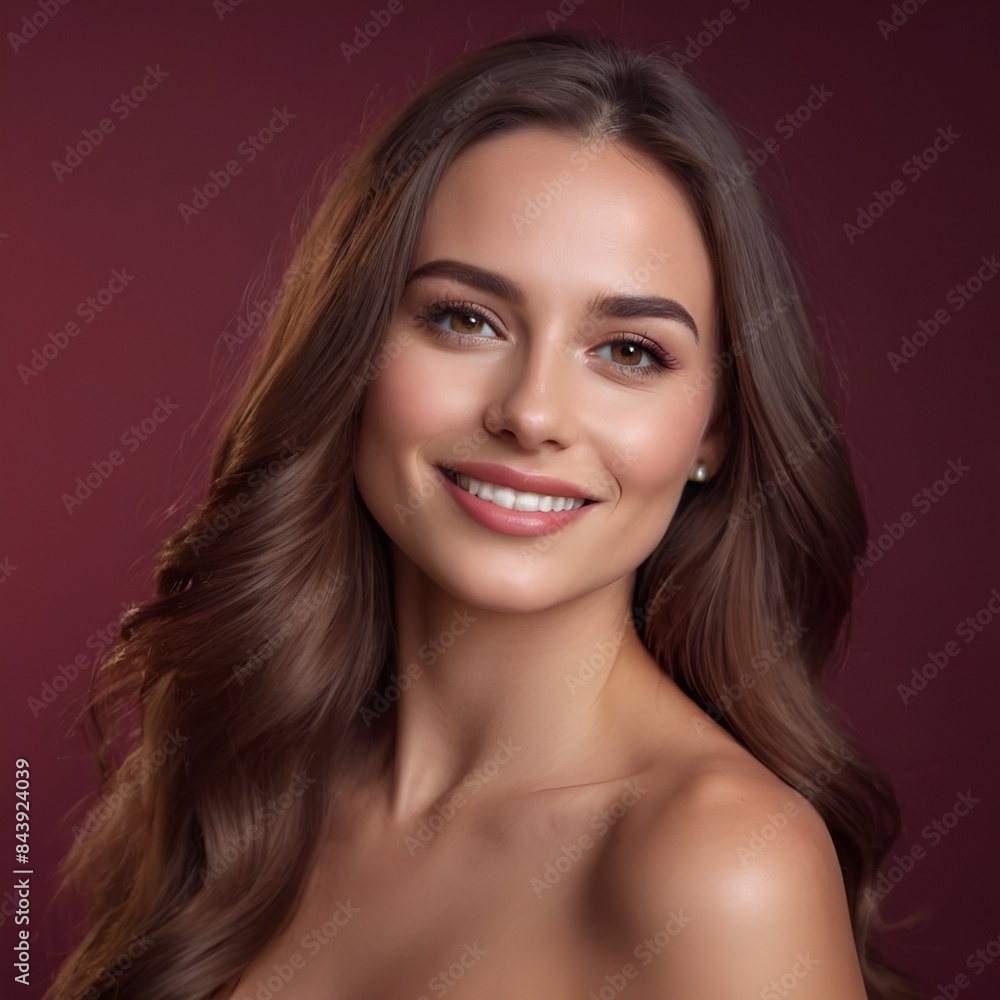Pretty european beauty woman long hair with makeup glowing face and healthy facial skin portrait smile on isolated burgundy background Pretty european beauty woman long hair with makeup glowing face and healthy facial skin portrait smile on isolated burgundy background
