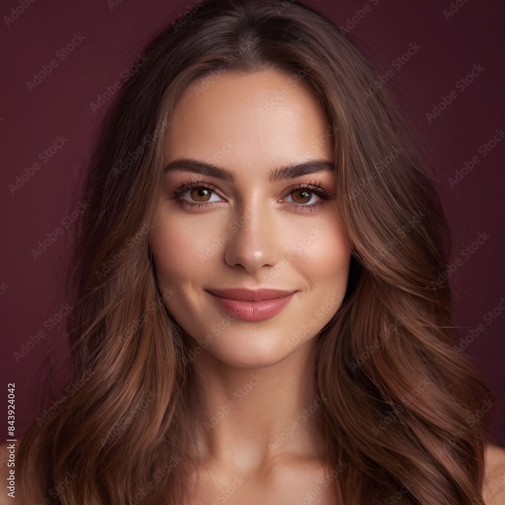 Pretty european beauty woman long hair with makeup glowing face and healthy facial skin portrait smile on isolated burgundy background Pretty european beauty woman long hair with makeup glowing face and healthy facial skin portrait smile on isolated burgundy background