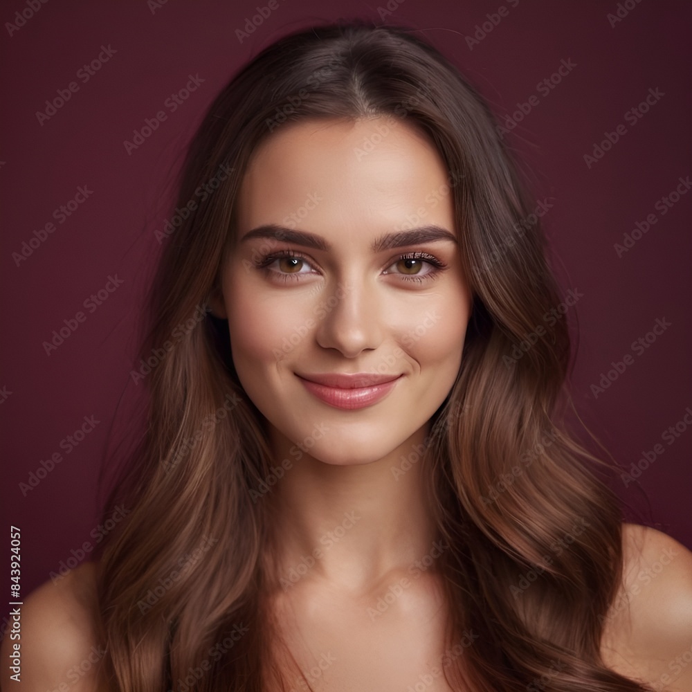 Pretty european beauty woman long hair with makeup glowing face and healthy facial skin portrait smile on isolated burgundy background Pretty european beauty woman long hair with makeup glowing face and healthy facial skin portrait smile on isolated burgundy background