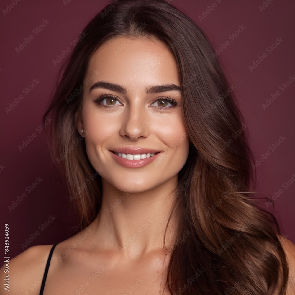 Obraz premium Pretty european beauty woman long hair with makeup glowing face and healthy facial skin portrait smile on isolated burgundy background