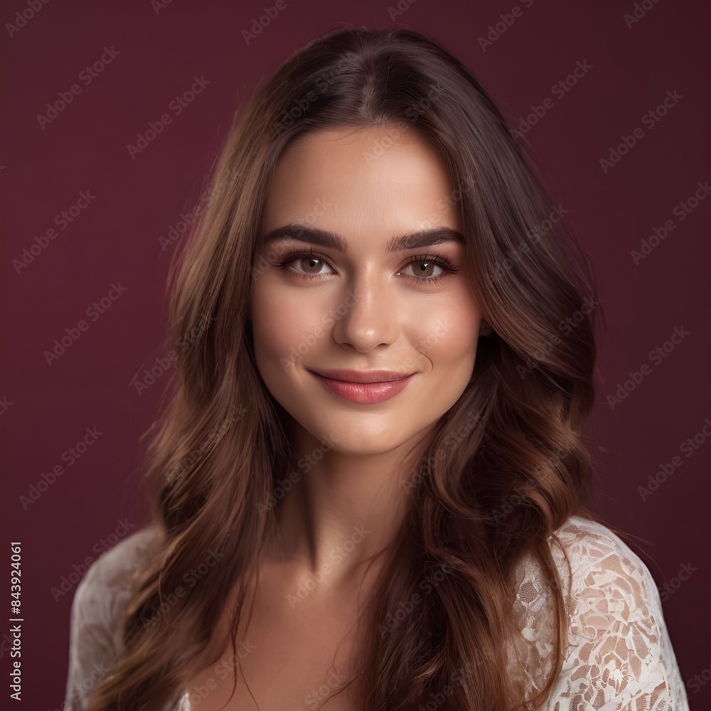 Pretty european beauty woman long hair with makeup glowing face and healthy facial skin portrait smile on isolated burgundy background Pretty european beauty woman long hair with makeup glowing face and healthy facial skin portrait smile on isolated burgundy background