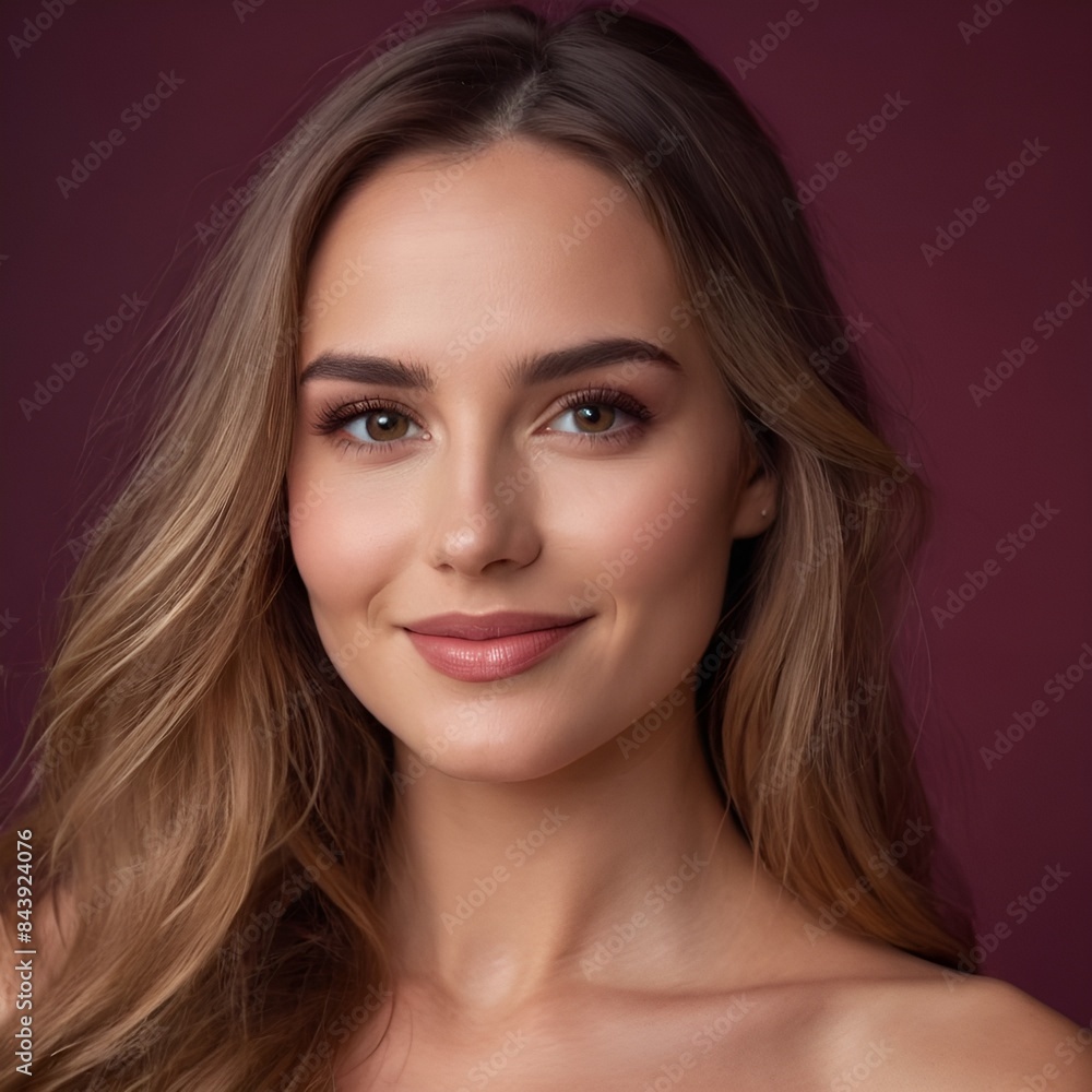 Pretty european beauty woman long hair with makeup glowing face and healthy facial skin portrait smile on isolated burgundy background Pretty european beauty woman long hair with makeup glowing face and healthy facial skin portrait smile on isolated burgundy background