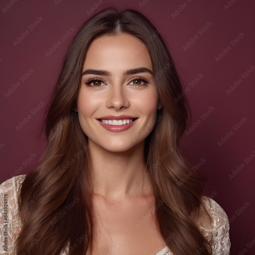 Pretty european beauty woman long hair with makeup glowing face and healthy facial skin portrait smile on isolated burgundy background Pretty european beauty woman long hair with makeup glowing face and healthy facial skin portrait smile on isolated burgundy background