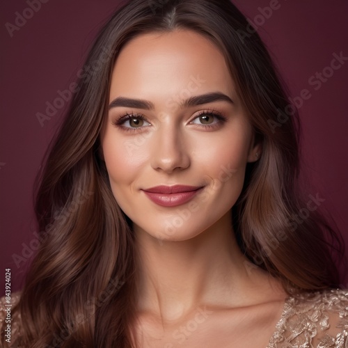 Pretty european beauty woman  long hair with makeup glowing face and healthy facial skin portrait smile on isolated burgundy background