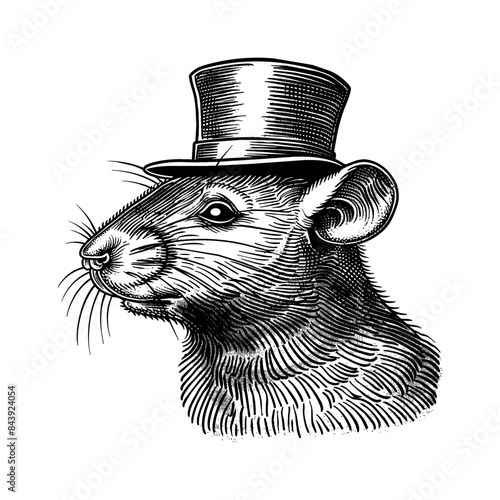 mouse, wears retro top hat engraving black and white outline