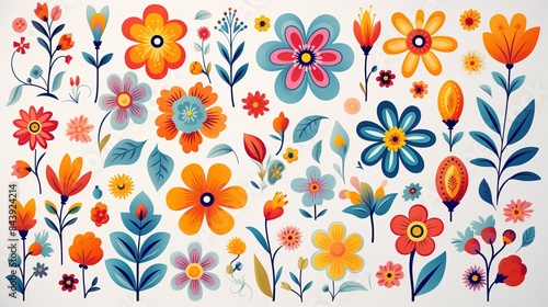 Hippie flowers set. Hippy style blossoms, retro vintage hand drawn decorative elements