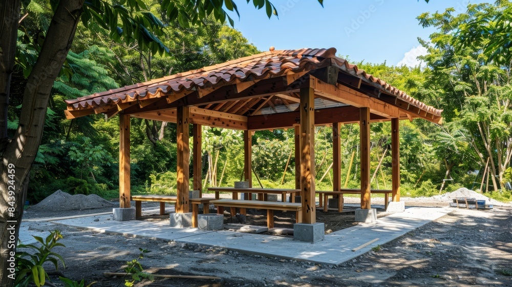 The construction of a sy wooden gazebo providing a shaded area for visitors to relax and enjoy the scenic views of the park. The construction of a sy wooden gazebo providing a shaded area for visitors to relax and enjoy the scenic views of the park.