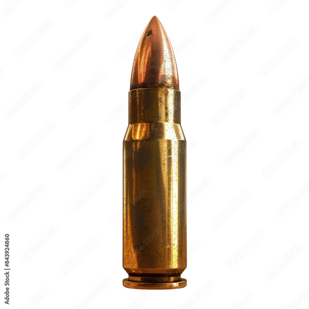 Close-up of a single bullet cartridge with a brass casing and copper-tipped projectile, isolated on a white background. Close-up of a single bullet cartridge with a brass casing and copper-tipped projectile, isolated on a white background.