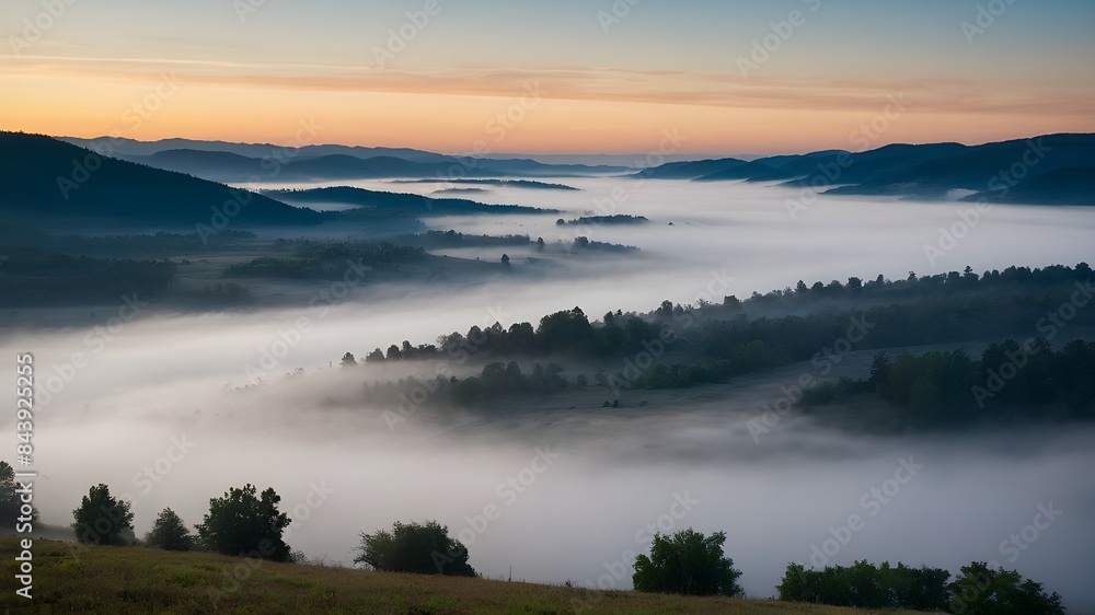 Fototapeta premium River Valley Fog Specialist Tranquil Mist Exploration Advisor Atmospheric River Valley Guide Mystery Fog Landscape Expert Enigmatic Valley Fog Navigator