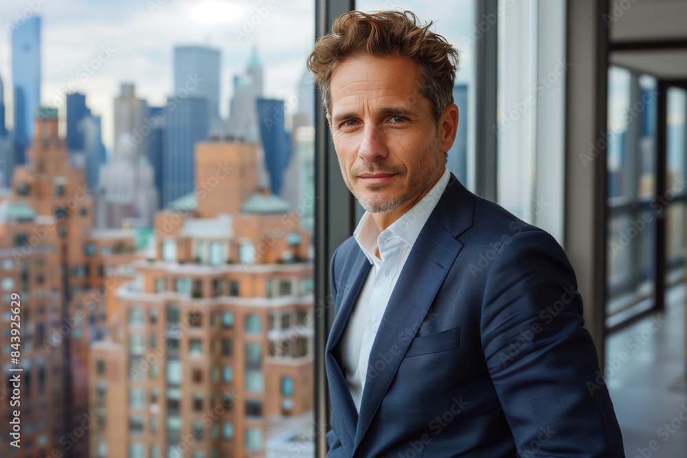 Confident Businessman in Blue Suit Posing in Modern Office with City Skyline View
Confident Businessman in Blue Suit Posing in Modern Office with City Skyline View