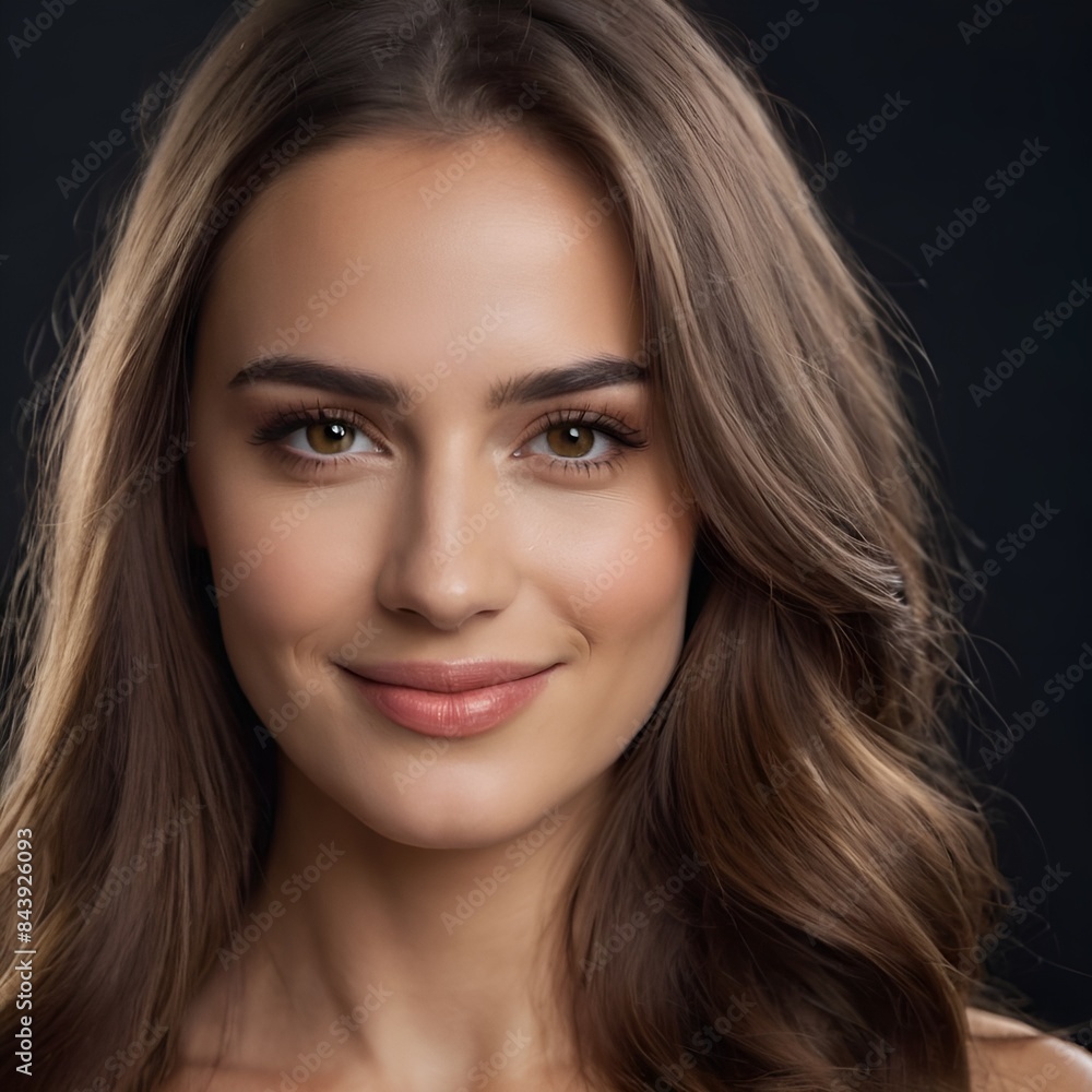 Pretty european beauty woman long hair with makeup glowing face and healthy facial skin portrait smile on isolated dark background Pretty european beauty woman long hair with makeup glowing face and healthy facial skin portrait smile on isolated dark background