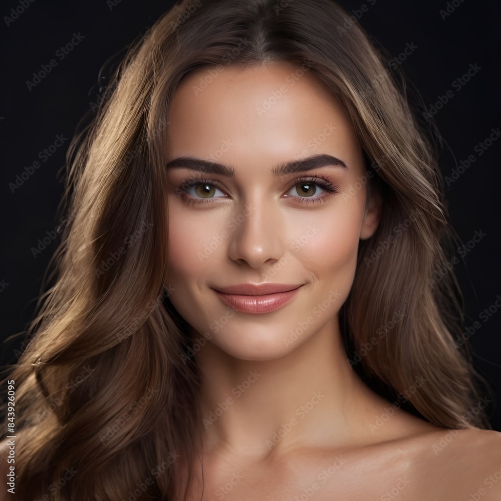 Pretty european beauty woman long hair with makeup glowing face and healthy facial skin portrait smile on isolated dark background Pretty european beauty woman long hair with makeup glowing face and healthy facial skin portrait smile on isolated dark background