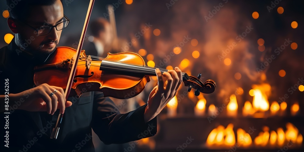 Fototapeta premium Live classical music concert by symphonic orchestra featuring professional musicians on stage. Concept Classical Music, Live Concert, Symphonic Orchestra, Professional Musicians, Stage Performance