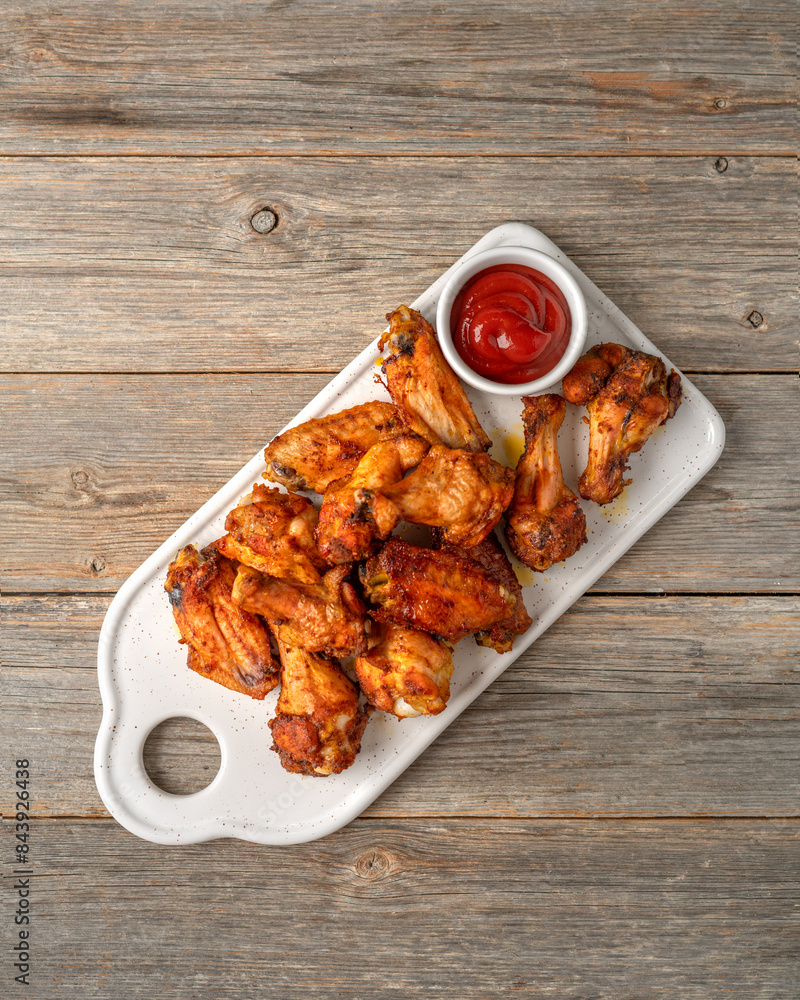 Baked chicken wings on a white plate on a gray wooden table. Top view