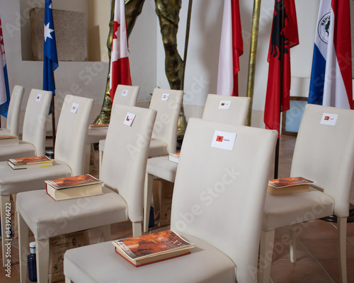 reading meeting with different flags photo