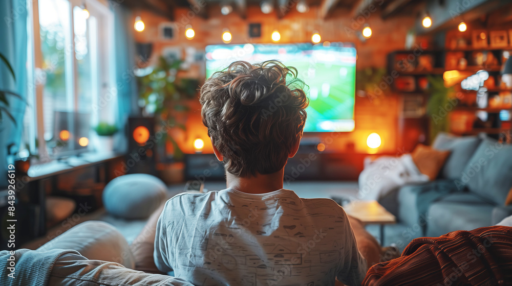 Fototapeta premium A young guy sitting at home on a soft sofa, watching a football match on TV in a cozy environment.