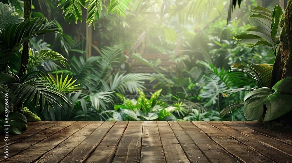 Serene Tropical Forest View from Wooden Platform Serene Tropical Forest View from Wooden Platform