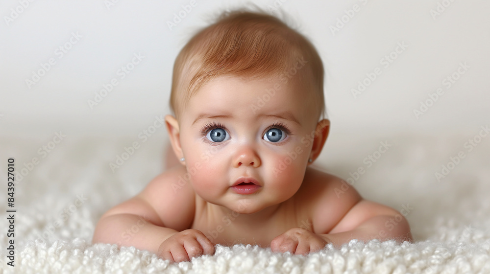 Adorable Baby on Stomach with Big Blue Eyes Highlighting Innocence and Cuteness Adorable Baby on Stomach with Big Blue Eyes Highlighting Innocence and Cuteness