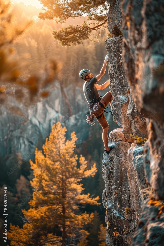 A solo rock climber scales a steep cliff with stunning autumn forest scenery in the background at sunset. A solo rock climber scales a steep cliff with stunning autumn forest scenery in the background at sunset.
