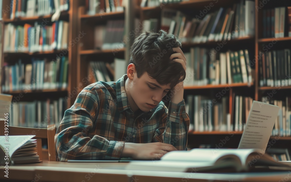 A young man focused on his studies at a library desk. A young man focused on his studies at a library desk.
