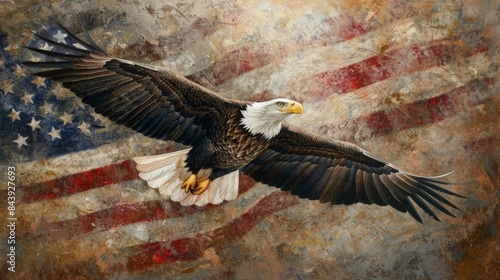 Wallpaper Mural Artistic depiction of a bald eagle soaring in front of a textured American flag background, symbolizing freedom and patriotism. Torontodigital.ca