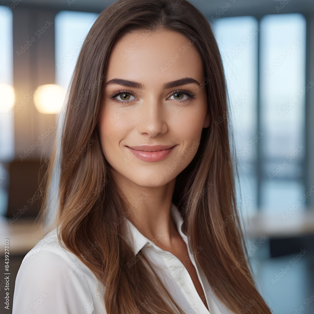 Pretty european beauty woman  long hair with makeup glowing face and healthy facial skin portrait smile on isolated office background