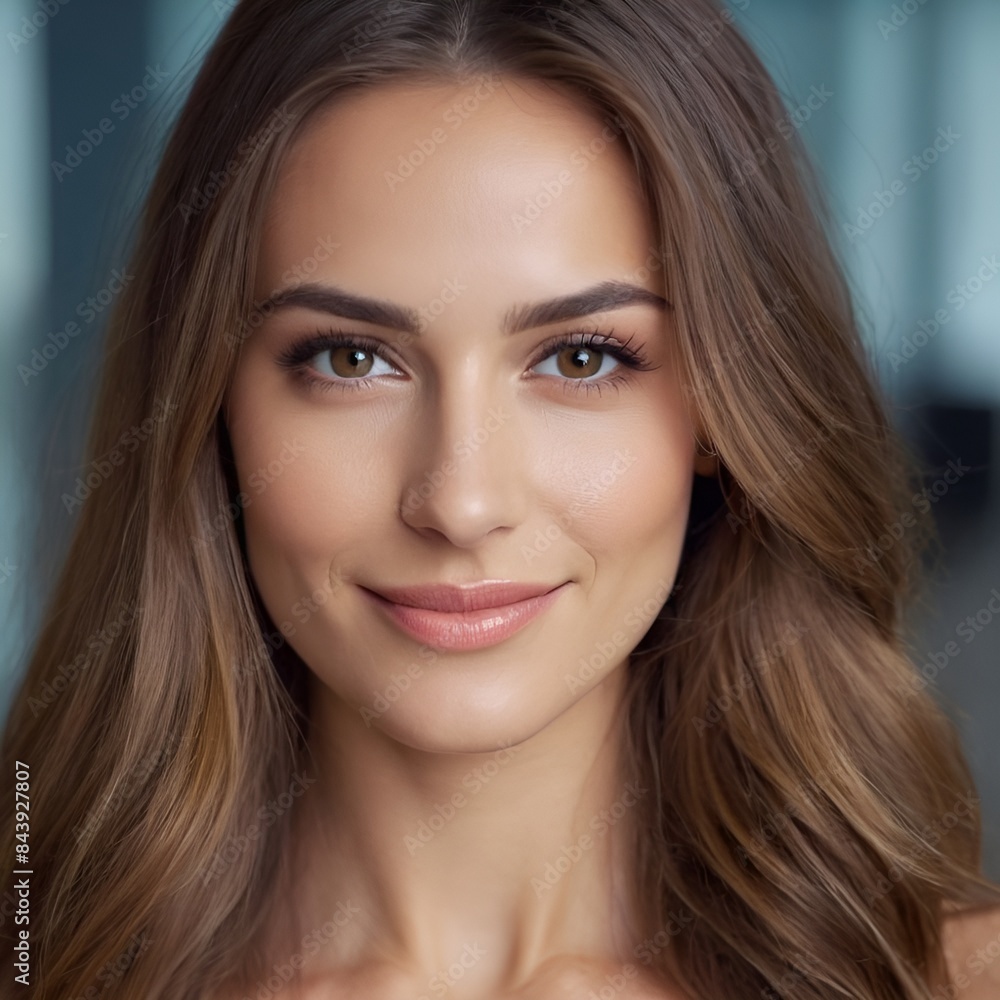 Pretty european beauty woman long hair with makeup glowing face and healthy facial skin portrait smile on isolated office background Pretty european beauty woman long hair with makeup glowing face and healthy facial skin portrait smile on isolated office background
